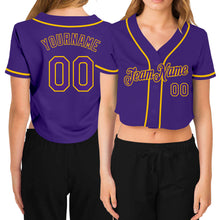 Загрузить изображение в средство просмотра галереи, Custom Women&#39;s Purple Purple-Gold V-Neck Cropped Baseball Jersey
