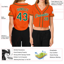 Laden Sie das Bild in den Galerie-Viewer, Custom Women&#39;s Orange Kelly Green-White V-Neck Cropped Baseball Jersey
