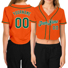 Laden Sie das Bild in den Galerie-Viewer, Custom Women&#39;s Orange Kelly Green-White V-Neck Cropped Baseball Jersey
