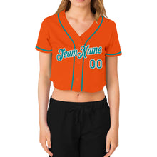 Laden Sie das Bild in den Galerie-Viewer, Custom Women&#39;s Orange Aqua-White V-Neck Cropped Baseball Jersey
