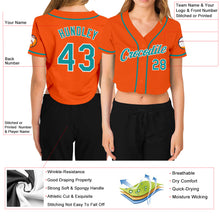 Laden Sie das Bild in den Galerie-Viewer, Custom Women&#39;s Orange Aqua-White V-Neck Cropped Baseball Jersey
