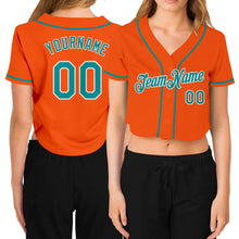 Laden Sie das Bild in den Galerie-Viewer, Custom Women&#39;s Orange Aqua-White V-Neck Cropped Baseball Jersey
