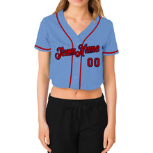 Laden Sie das Bild in den Galerie-Viewer, Custom Women&#39;s Light Blue Red-Navy V-Neck Cropped Baseball Jersey
