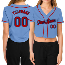 Laden Sie das Bild in den Galerie-Viewer, Custom Women&#39;s Light Blue Red-Navy V-Neck Cropped Baseball Jersey
