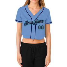 Laden Sie das Bild in den Galerie-Viewer, Custom Women&#39;s Light Blue Navy Gray-Aqua V-Neck Cropped Baseball Jersey
