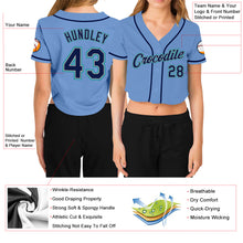 Laden Sie das Bild in den Galerie-Viewer, Custom Women&#39;s Light Blue Navy Gray-Aqua V-Neck Cropped Baseball Jersey
