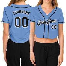 Laden Sie das Bild in den Galerie-Viewer, Custom Women&#39;s Light Blue Black-White V-Neck Cropped Baseball Jersey

