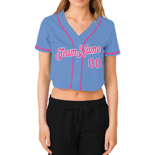 Загрузить изображение в средство просмотра галереи, Custom Women&#39;s Light Blue Pink-White V-Neck Cropped Baseball Jersey
