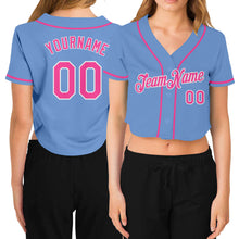 Загрузить изображение в средство просмотра галереи, Custom Women&#39;s Light Blue Pink-White V-Neck Cropped Baseball Jersey
