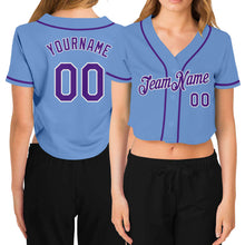 Laden Sie das Bild in den Galerie-Viewer, Custom Women&#39;s Light Blue Purple-White V-Neck Cropped Baseball Jersey
