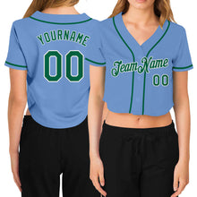 Laden Sie das Bild in den Galerie-Viewer, Custom Women&#39;s Light Blue Kelly Green-White V-Neck Cropped Baseball Jersey
