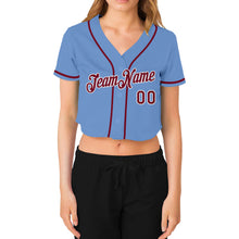 Laden Sie das Bild in den Galerie-Viewer, Custom Women&#39;s Light Blue Crimson-White V-Neck Cropped Baseball Jersey

