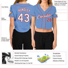 Laden Sie das Bild in den Galerie-Viewer, Custom Women&#39;s Light Blue White-Red V-Neck Cropped Baseball Jersey
