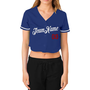 Custom Women's Royal White-Red V-Neck Cropped Baseball Jersey