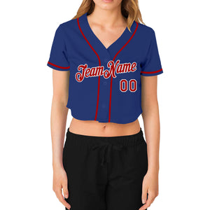 Custom Women's Royal Red-White V-Neck Cropped Baseball Jersey