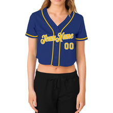 Laden Sie das Bild in den Galerie-Viewer, Custom Women&#39;s Royal Gold-White V-Neck Cropped Baseball Jersey
