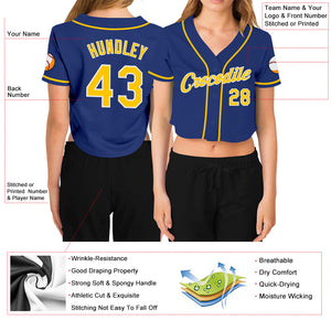 Custom Women's Royal Gold-White V-Neck Cropped Baseball Jersey