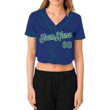 Laden Sie das Bild in den Galerie-Viewer, Custom Women&#39;s Royal Kelly Green-White V-Neck Cropped Baseball Jersey
