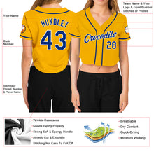 Load image into Gallery viewer, Custom Women&#39;s Gold Royal-White V-Neck Cropped Baseball Jersey

