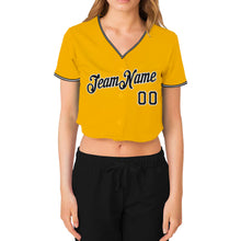 Laden Sie das Bild in den Galerie-Viewer, Custom Women&#39;s Gold Black-White V-Neck Cropped Baseball Jersey
