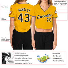 Laden Sie das Bild in den Galerie-Viewer, Custom Women&#39;s Gold Black-White V-Neck Cropped Baseball Jersey
