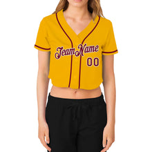 Laden Sie das Bild in den Galerie-Viewer, Custom Women&#39;s Gold Crimson-White V-Neck Cropped Baseball Jersey
