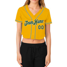 Laden Sie das Bild in den Galerie-Viewer, Custom Women&#39;s Gold Green-White V-Neck Cropped Baseball Jersey
