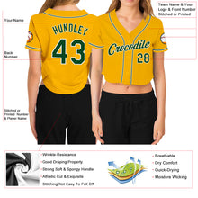 Load image into Gallery viewer, Custom Women&#39;s Gold Green-White V-Neck Cropped Baseball Jersey
