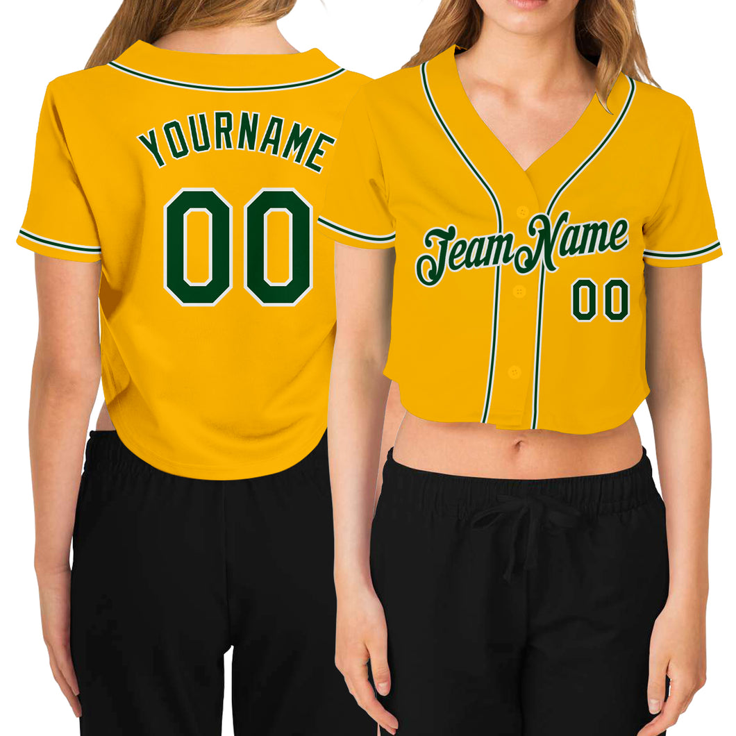 Custom Women's Gold Green-White V-Neck Cropped Baseball Jersey