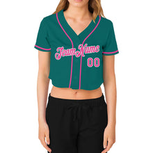 Laden Sie das Bild in den Galerie-Viewer, Custom Women&#39;s Aqua Pink-White V-Neck Cropped Baseball Jersey
