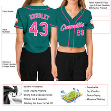 Load image into Gallery viewer, Custom Women&#39;s Aqua Pink-White V-Neck Cropped Baseball Jersey
