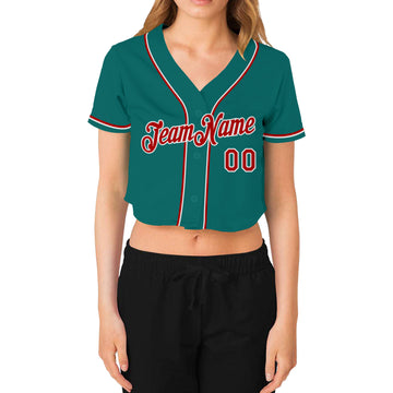 Custom Women's Aqua Red-White V-Neck Cropped Baseball Jersey