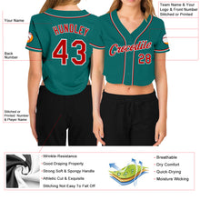 Laden Sie das Bild in den Galerie-Viewer, Custom Women&#39;s Aqua Red-White V-Neck Cropped Baseball Jersey
