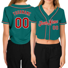 Load image into Gallery viewer, Custom Women&#39;s Aqua Red-White V-Neck Cropped Baseball Jersey

