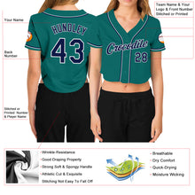 Laden Sie das Bild in den Galerie-Viewer, Custom Women&#39;s Aqua Navy-White V-Neck Cropped Baseball Jersey
