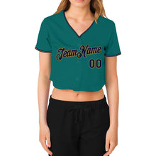 Load image into Gallery viewer, Custom Women&#39;s Aqua Navy-Old Gold V-Neck Cropped Baseball Jersey
