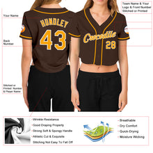 Laden Sie das Bild in den Galerie-Viewer, Custom Women&#39;s Brown Gold-White V-Neck Cropped Baseball Jersey
