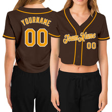 Laden Sie das Bild in den Galerie-Viewer, Custom Women&#39;s Brown Gold-White V-Neck Cropped Baseball Jersey
