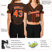 Laden Sie das Bild in den Galerie-Viewer, Custom Women&#39;s Brown Orange-White V-Neck Cropped Baseball Jersey
