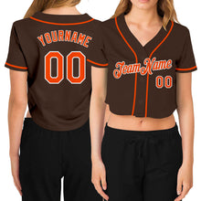 Laden Sie das Bild in den Galerie-Viewer, Custom Women&#39;s Brown Orange-White V-Neck Cropped Baseball Jersey
