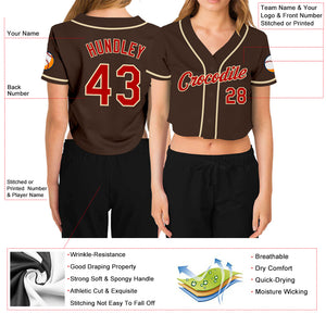 Custom Women's Brown Red-Cream V-Neck Cropped Baseball Jersey