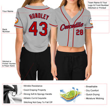 Laden Sie das Bild in den Galerie-Viewer, Custom Women&#39;s Gray Red-Navy V-Neck Cropped Baseball Jersey
