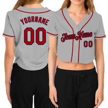 Laden Sie das Bild in den Galerie-Viewer, Custom Women&#39;s Gray Red-Navy V-Neck Cropped Baseball Jersey
