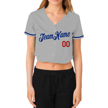 Laden Sie das Bild in den Galerie-Viewer, Custom Women&#39;s Gray Royal-Red V-Neck Cropped Baseball Jersey
