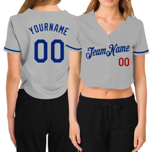 Load image into Gallery viewer, Custom Women&#39;s Gray Royal-Red V-Neck Cropped Baseball Jersey
