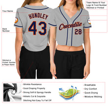Laden Sie das Bild in den Galerie-Viewer, Custom Women&#39;s Gray Navy-Orange V-Neck Cropped Baseball Jersey
