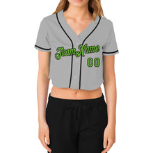 Laden Sie das Bild in den Galerie-Viewer, Custom Women&#39;s Gray Neon Green-Black V-Neck Cropped Baseball Jersey
