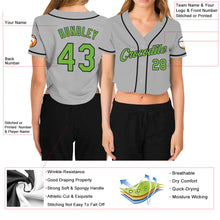 Laden Sie das Bild in den Galerie-Viewer, Custom Women&#39;s Gray Neon Green-Black V-Neck Cropped Baseball Jersey
