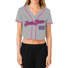 Laden Sie das Bild in den Galerie-Viewer, Custom Women&#39;s Gray Light Blue Black-Pink V-Neck Cropped Baseball Jersey
