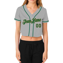 Laden Sie das Bild in den Galerie-Viewer, Custom Women&#39;s Gray Kelly Green-Old Gold V-Neck Cropped Baseball Jersey
